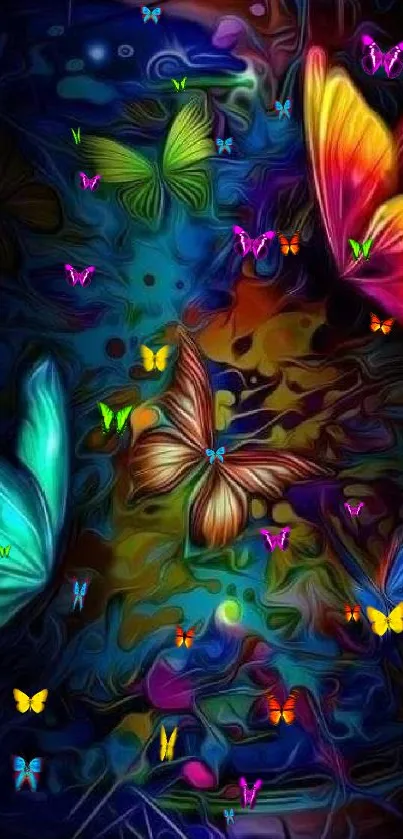 Colorful butterflies in neon art design wallpaper.