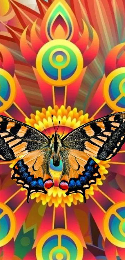 Vibrant butterfly with colorful geometric background.