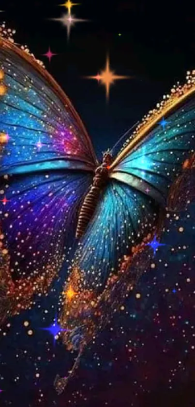 Colorful butterfly digital art on dark blue background.