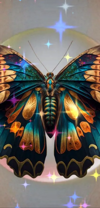 Vibrant teal and gold butterfly with intricate patterns on a phone wallpaper.