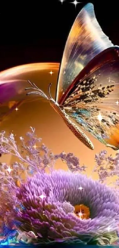 Vibrant butterfly and floral art wallpaper in orange and purple hues.