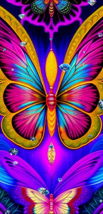 Vibrant neon butterfly wallpaper with intricate designs and bold colors.