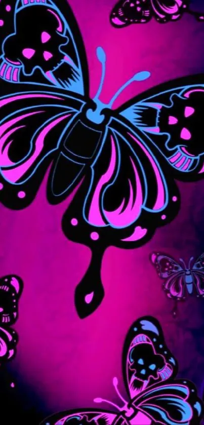 Vibrant butterfly wallpaper with neon skull designs.