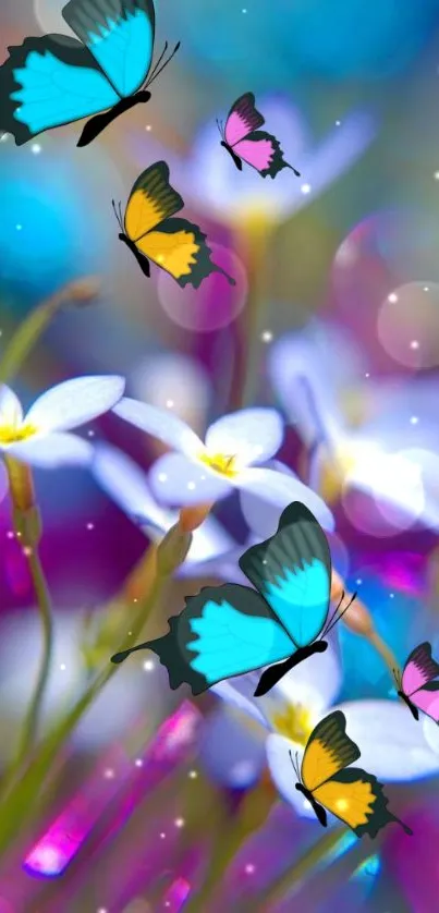 Vibrant wallpaper with butterflies and flowers, perfect for mobile screens.