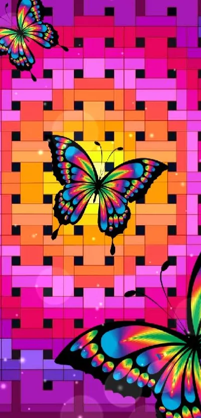 Colorful butterflies on a geometric pattern wallpaper with vibrant magenta tones.