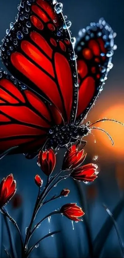 Red butterfly on flowers at sunset.