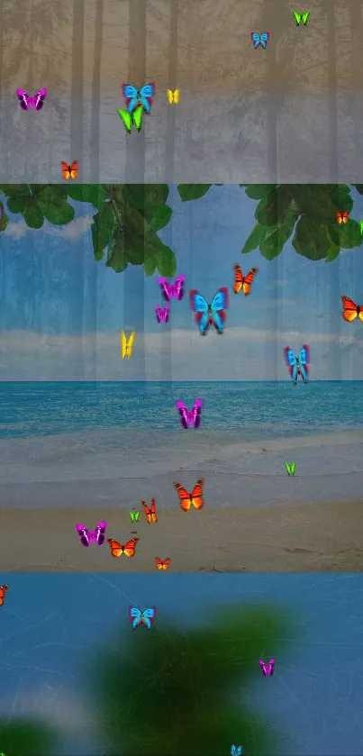 Colorful butterflies flutter over a calm beach scene.