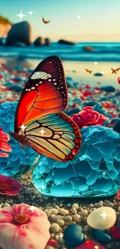 Vibrant butterfly on colorful beach with flowers and stones.