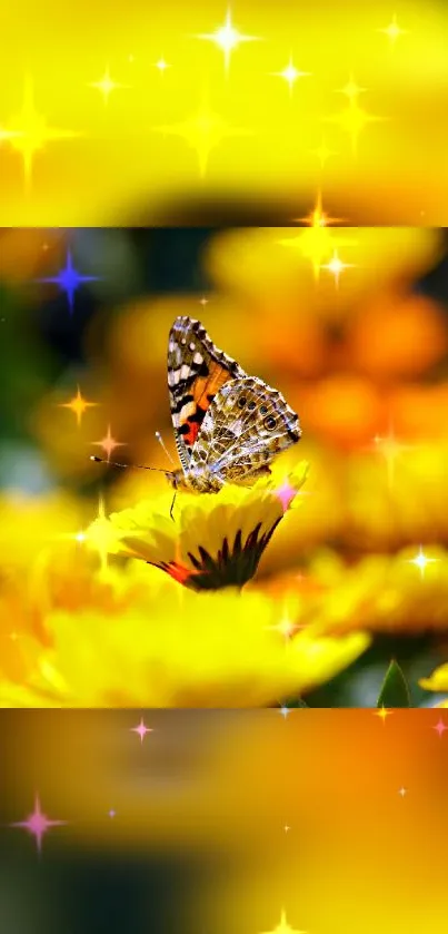 A butterfly on yellow flowers with sparkling stars.