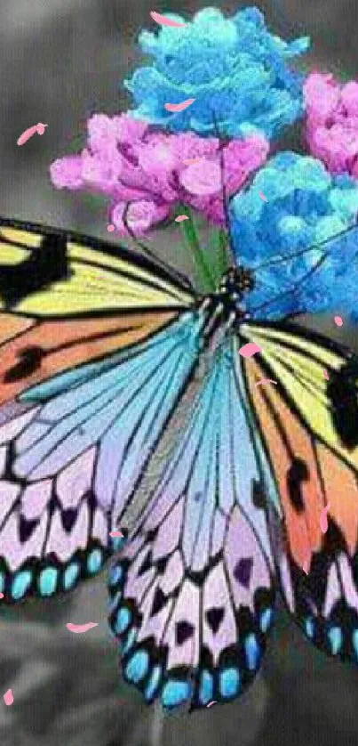 Vibrant butterfly with blue and pink accents on flowers.