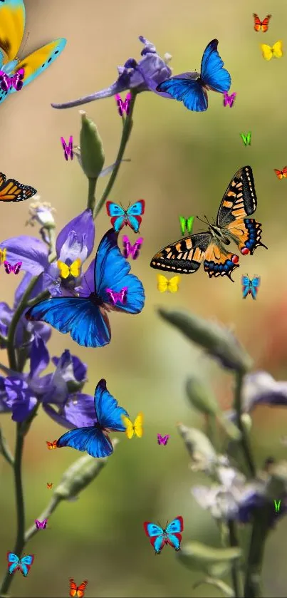 Colorful butterflies with purple flowers on a vibrant green background.