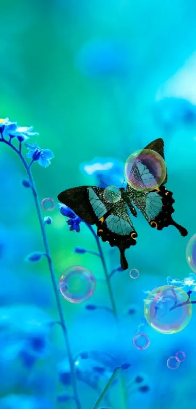 Vibrant butterfly on blue flowers, perfect for a nature-inspired mobile wallpaper.