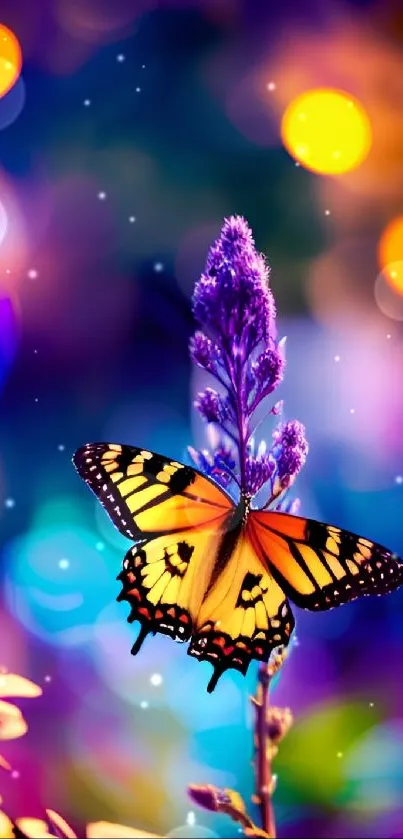 Vibrant butterfly on a colorful floral background.