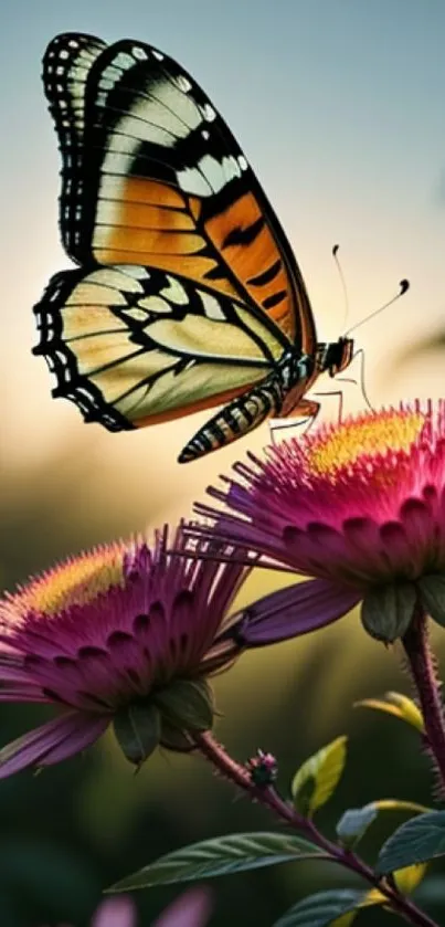 Butterfly perched on vibrant pink flowers with a serene background.