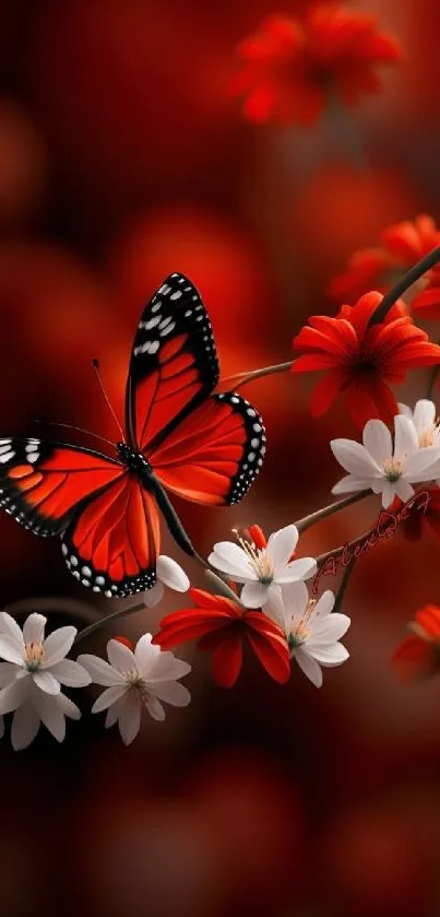 Elegant butterfly resting among red and white flowers in a vibrant wallpaper.