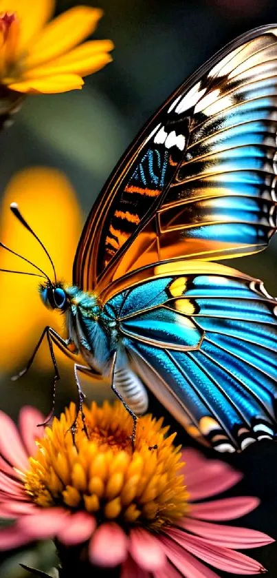 Blue butterfly perched on vibrant flowers.