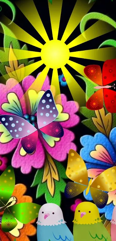 Vibrant wallpaper with butterflies and flowers.