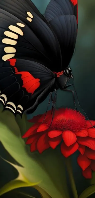 Vibrant butterfly perched on a red flower, set against a lush green background.