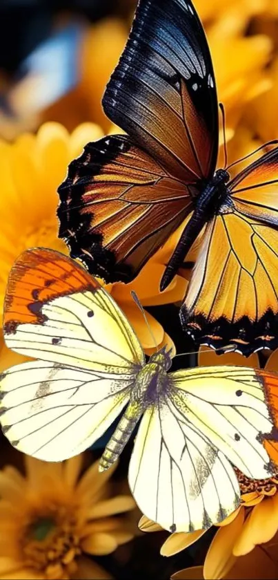 Two colorful butterflies on vibrant yellow flowers.