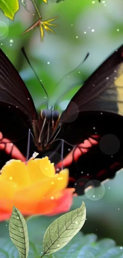 Vibrant butterfly with flowers on a leafy background.