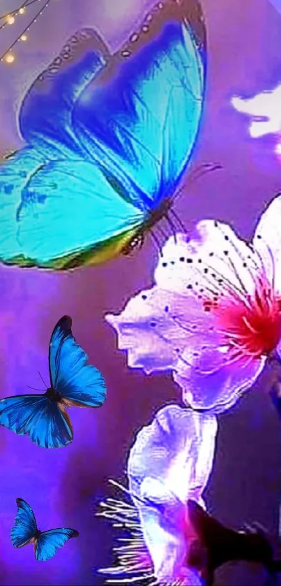 Blue butterflies and cherry blossoms on vibrant mobile wallpaper.