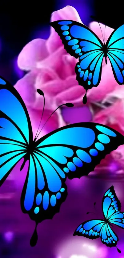 Blue butterflies with pink flowers background.