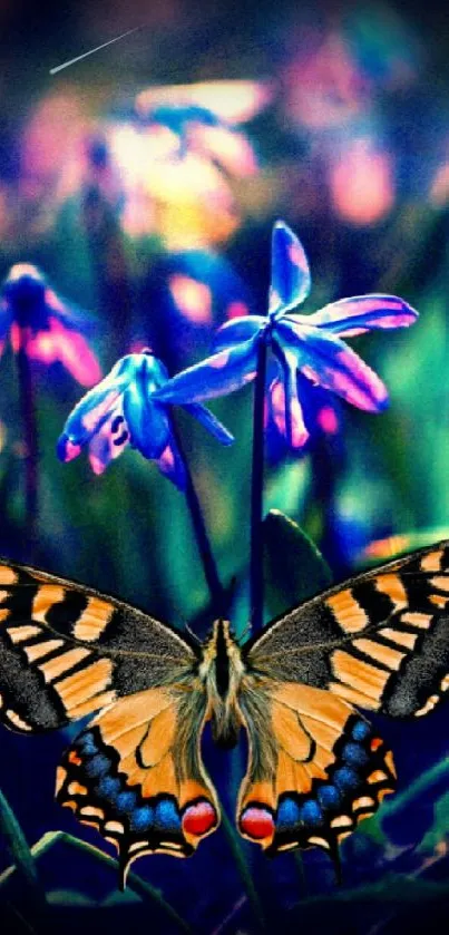 Colorful butterfly resting on vibrant blue flowers.