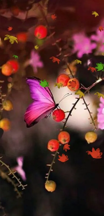 Pink butterfly perched on a branch with blossoms.