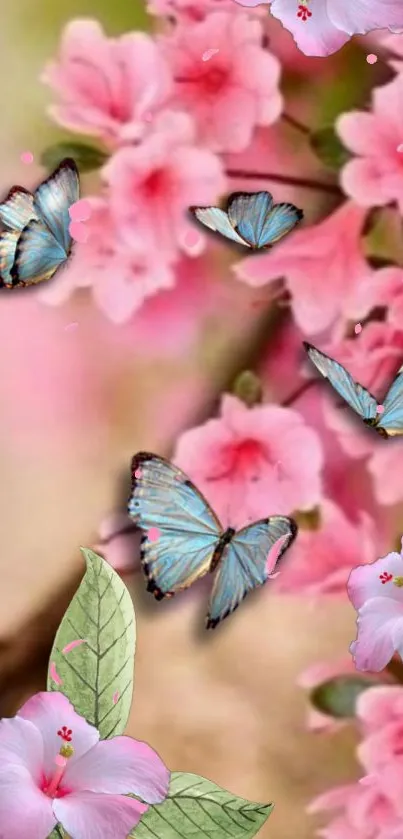 Blue butterflies fluttering over pink cherry blossoms in a vibrant wallpaper.