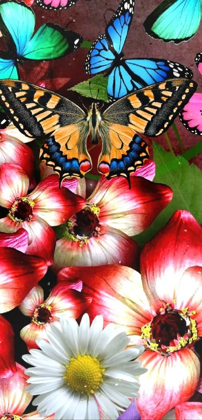 Colorful butterflies and flowers wallpaper design.