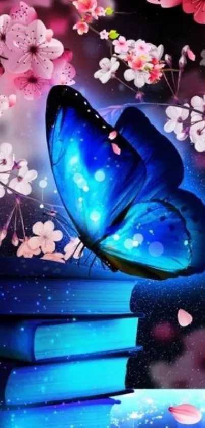 Colorful blue butterfly and pink blossoms wallpaper.