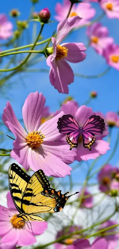 Pink flowers and butterflies with a blue sky background.