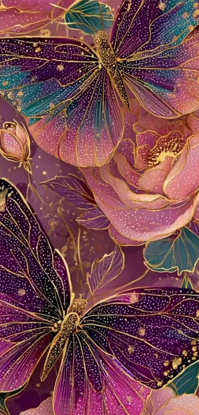 Colorful butterflies on a floral background with golden accents.