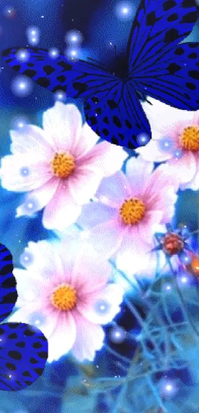 Blue butterflies with pink flowers on a vibrant nature-themed wallpaper.