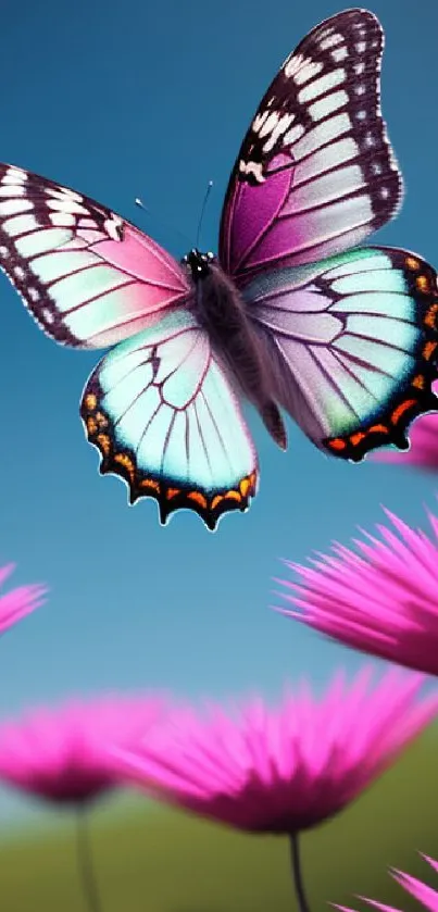 A vibrant butterfly flutters over pink flowers against a blue sky.
