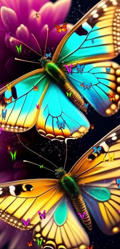 Vibrant butterflies on purple flowers creating an artistic mobile wallpaper.