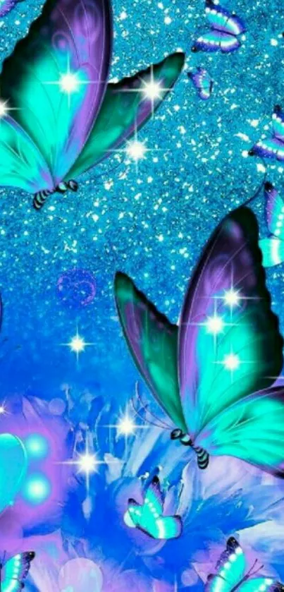 Colorful butterfly wallpaper with blue sparkles and vibrant details.