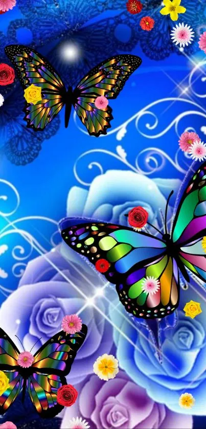 Vibrant butterfly and floral wallpaper on a blue background.