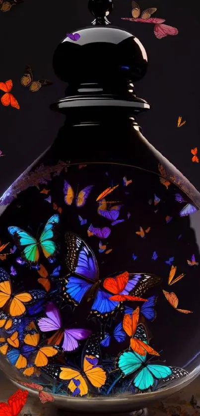 Vibrant butterfly design inside a glass bottle on a dark background.