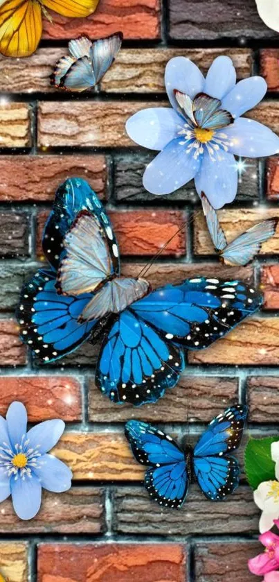 Colorful butterflies and flowers on a brick wall wallpaper.