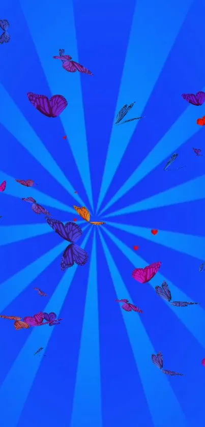 Dynamic blue wallpaper with vibrant butterflies spreading across the screen.