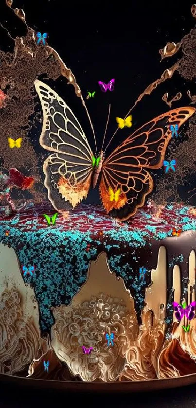 Intricate butterfly on colorful cake with chocolate and blue accents.