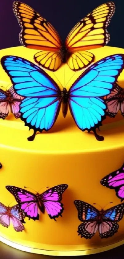 A vibrant yellow cake with colorful butterflies on a mobile wallpaper.