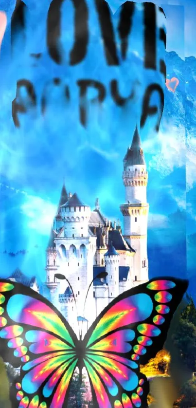 Vibrant butterfly with castle in the background, blue skies and fantasy setting.