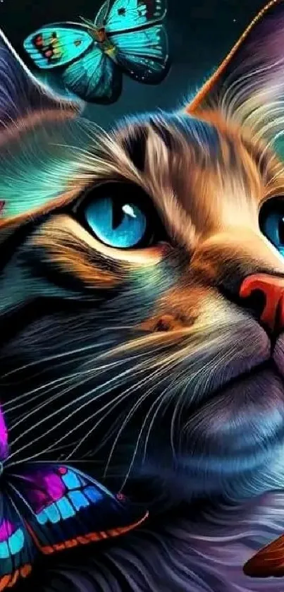 Realistic cat with vibrant butterflies in a colorful wallpaper.