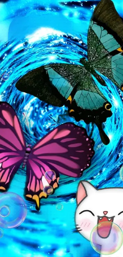 Colorful butterflies and cat on a blue swirl background.