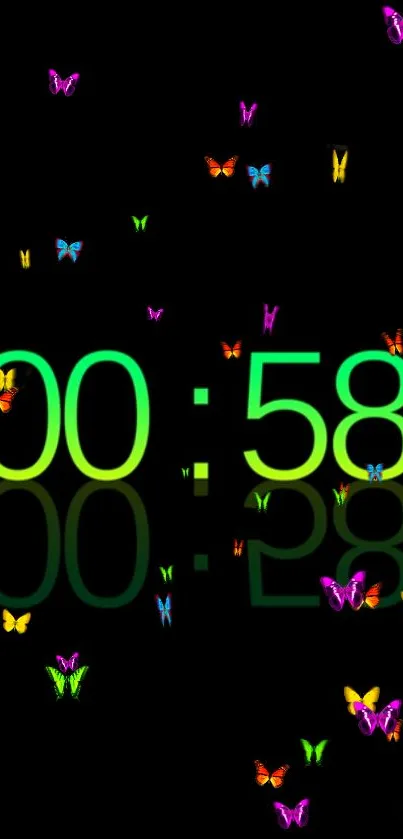 Colorful butterfly digital clock wallpaper with vibrant design.