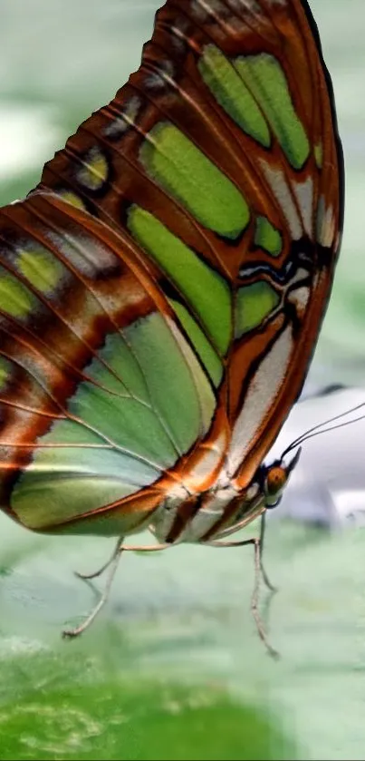 Close-up of a vibrant butterfly with green and brown patterns on a leaf.