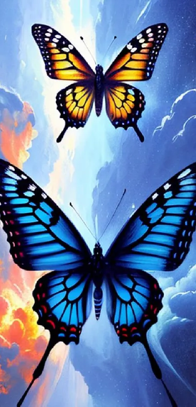 Vibrant butterflies soaring in a dreamy sky with clouds.