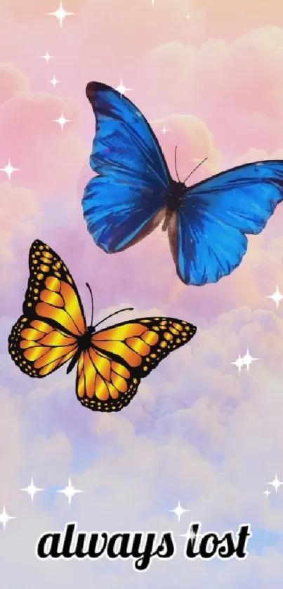 Colorful butterflies on pastel cloud background wallpaper.